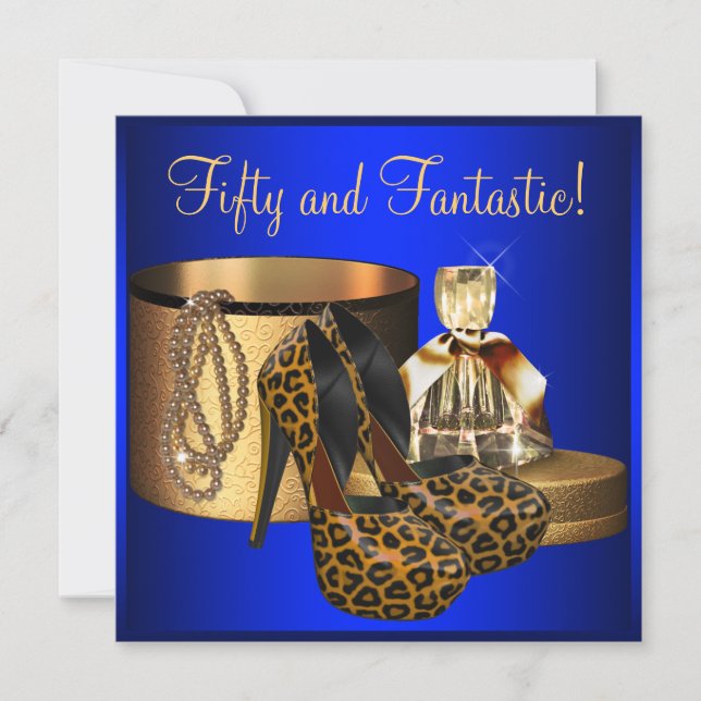 Convites Saltos Altos Leopardo Azul Dourado Aniversário de  (Frente)
