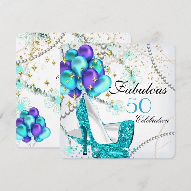 Convites Saltos Altos Teal Azul Fabulosos 50 Flores Anivers (Frente/Verso)