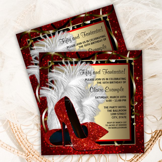 Convites Saltos Altos Vermelhos Qualquer Número Vermelho Pr (Elegant red, black and gold high heel shoe any number birthday party invitation. )