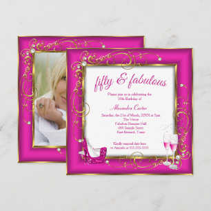 Convites Saltos Champagne Dourado Fabuloso Rosa Festa 50 Fo