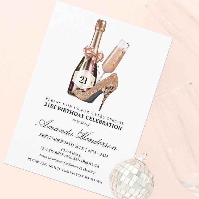 Convites Saltos de Ouro Rosa e Champanhe Aniversário de Mul (Criador carregado)
