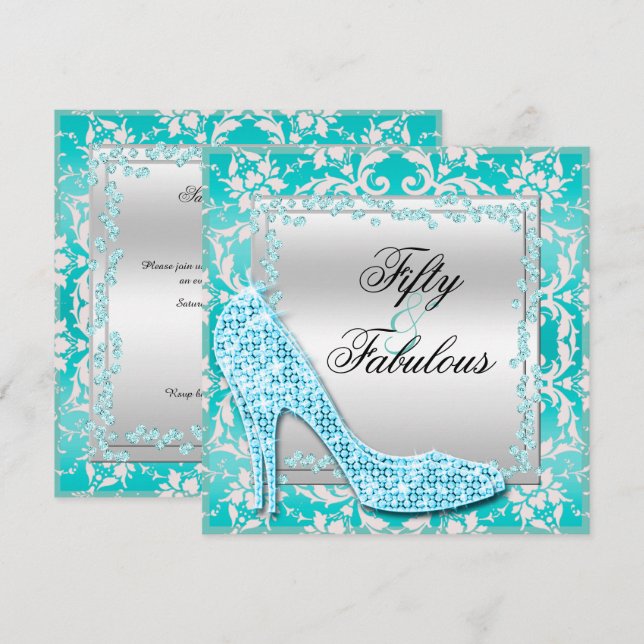 Convites Saltos de salto alto Glitzy, Diamantes & Damask Fa (Frente/Verso)