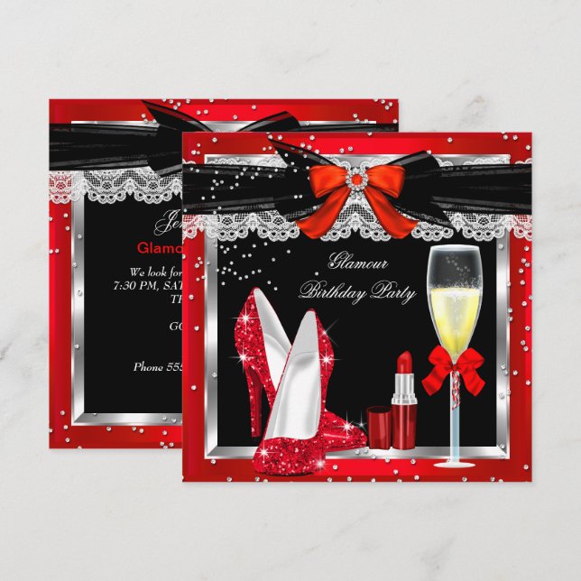 Convites Saltos Glitter Vermelho Glamour Prata Champanhe Fe (Frente/Verso)