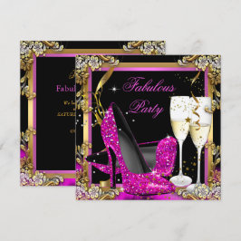 Convites Saltos Rosa Dourado Preto Fabuloso Champanhe Festa