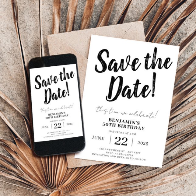 Convites Salvar a data 50º aniversário (Save The Date Birthday 50th,Modern Invitation,Unique Minimalist Editable Bday,Black and White Invite)