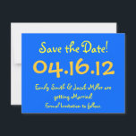Convites Salvar a data azul e amarelo<br><div class="desc">Avise seus hóspedes sobre seu dia especial!</div>