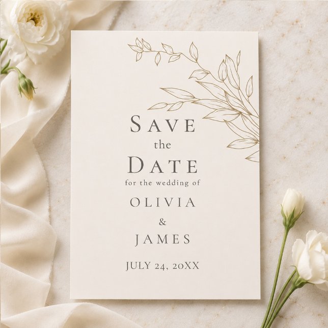 Convites Salvar a Data Botânico em Marfim e Ouro Antigo (Ivory & Antique Gold Botanical Save the Date Invitation on an elegant table with flowers)