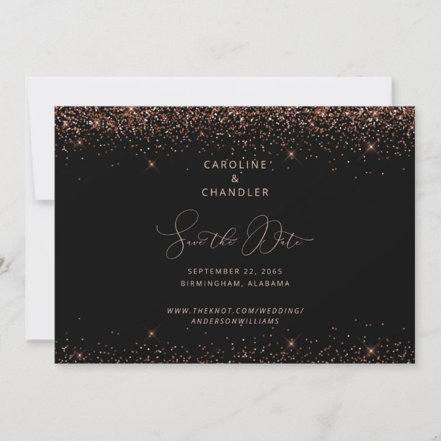 Convites Salvar a Data com Brilho Preto e Bronze Glam (Frente)