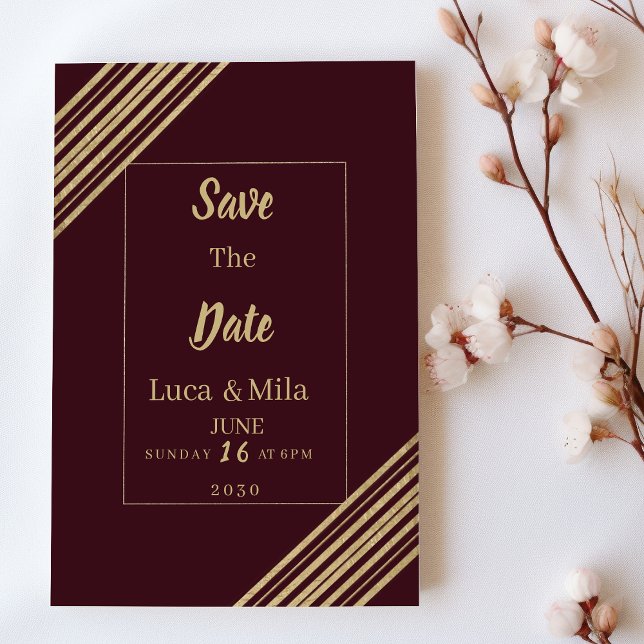 Convites Salvar a Data com erro de digitação geométrico em  (Geometrical burgundy gold typo Save the Date)