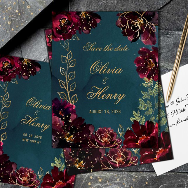 Convites Salvar a Data de Casamento em Tons de Joia Teal Bo (Teal Bordeaux Jewel Tone Wedding Save The Date Invitation. )