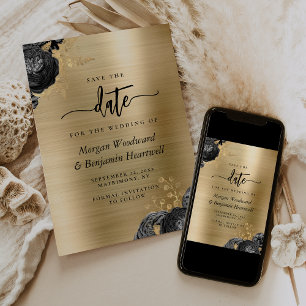 Convites Salvar a Data de Casamento Floral Preto Dourado Gl
