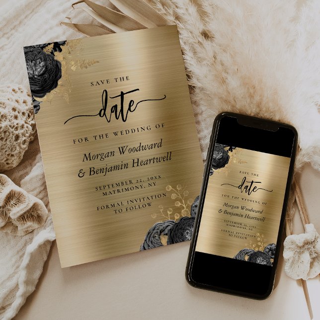 Convites Salvar a Data de Casamento Floral Preto Dourado Gl (Criador carregado)