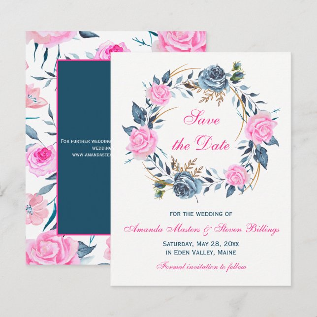 Convites Salvar a Data de Casamento - Rosas Rosa, Azul (Frente/Verso)
