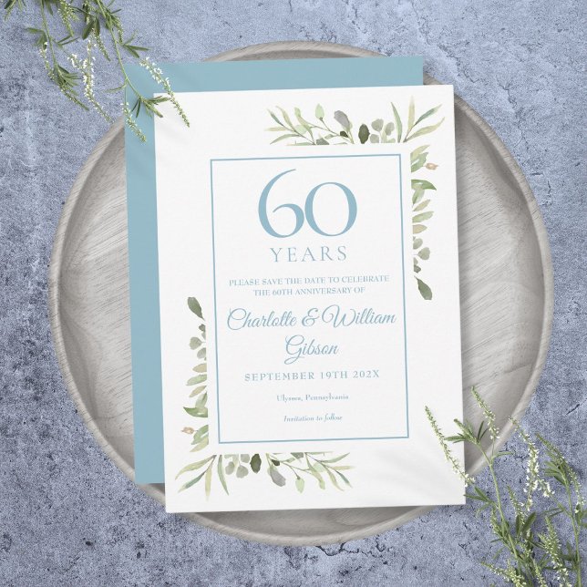 Convites Salvar a Data do Aniversário de 60 anos Floral Ver (Greenery Floral 60th Anniversary Save the Date Invitation)