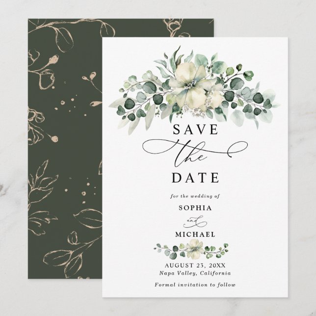 Convites Salvar a Data do Casamento com Eucalipto Verde (Frente/Verso)