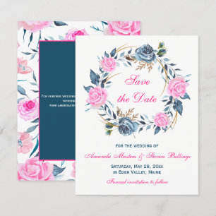 Convites Salvar a Data do Casamento - Rosas Rosa, Azul