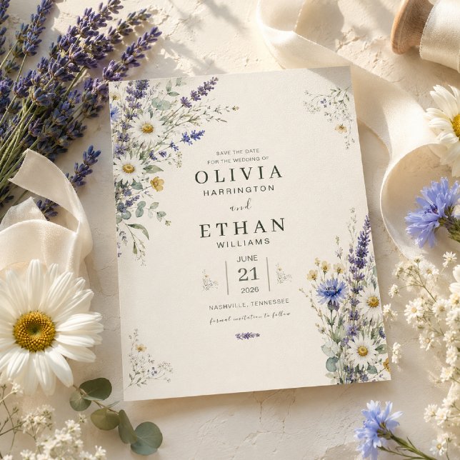 Convites Salvar a Data do Prado de Flores Silvestres (Elegant Save the Date styled with fresh wildflowers and soft natural light.)