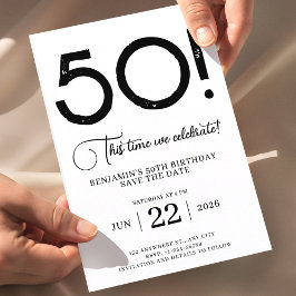 Convites Salvar a data em preto e branco 50º aniversário 