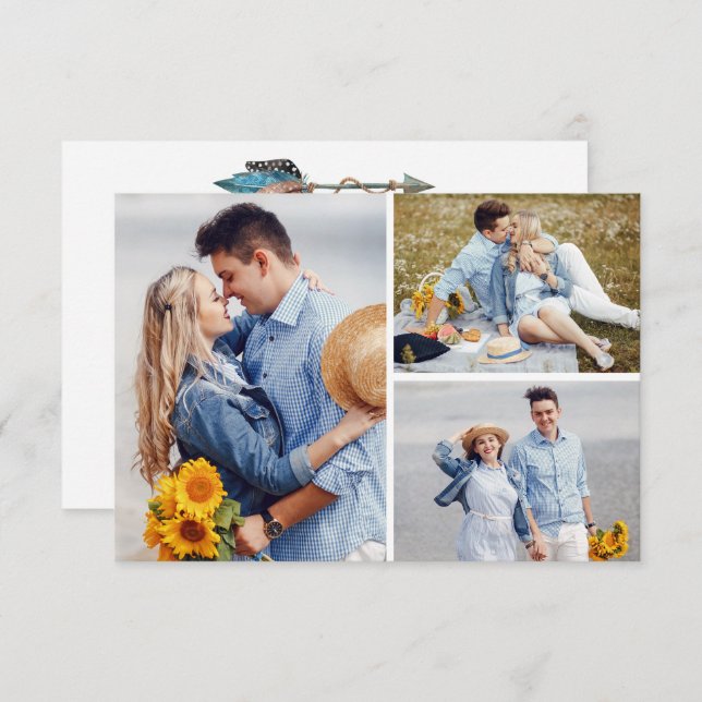 Convites Salvar a Data Flecha com Pena Rústica Turquesa Fot (Frente/Verso)