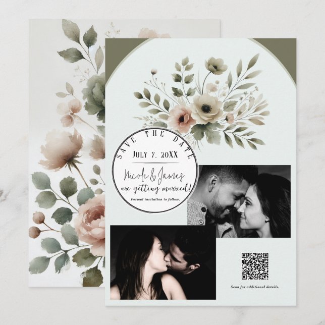 Convites Salvar a data floral em aquarela verde oliva caqui (Frente/Verso)