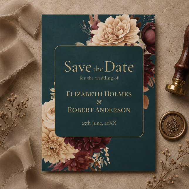 Convites Salvar a Data Floral Gótico em Azul Escuro (Dark Teal Floral Gothic Save the Date Invitation)