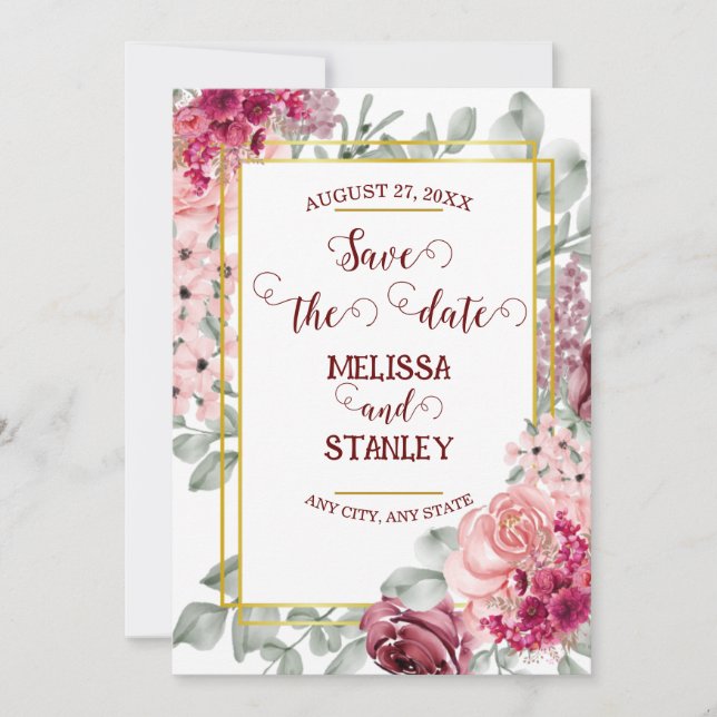 Convites Salvar a Data Floral Rosa Marsala Borgonha Rústico (Frente)