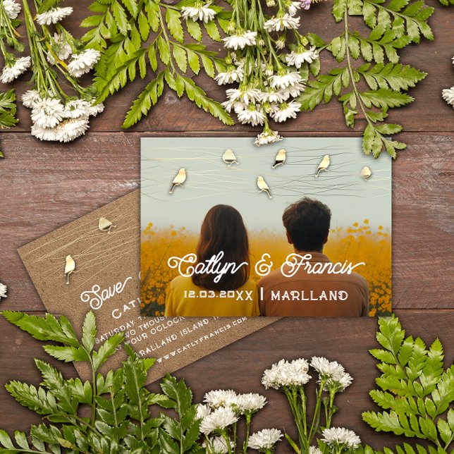 Convites Salvar a data Foto Dourada Kraft Black Birds Digit (Save The Date Photo Gold Kraft Black Birds Digital Invitation)