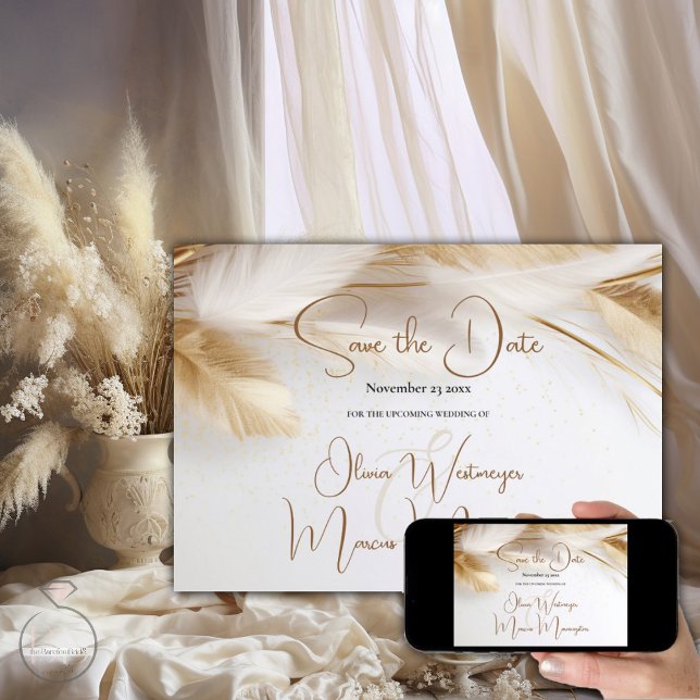 Convites Salvar a data | Pampas Douradas Elegantes da Boêmi (Elegant Boho Pampas Grass  Save the date - available as printed cards  or digital or both )