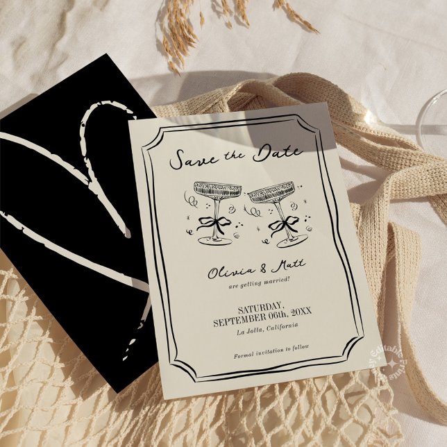 Convites Salvar Data Caprichoso Champanhe Aplaudindo  (champagne save the date, whimsical save the date, champagne cheers invitation, playful wedding invit)