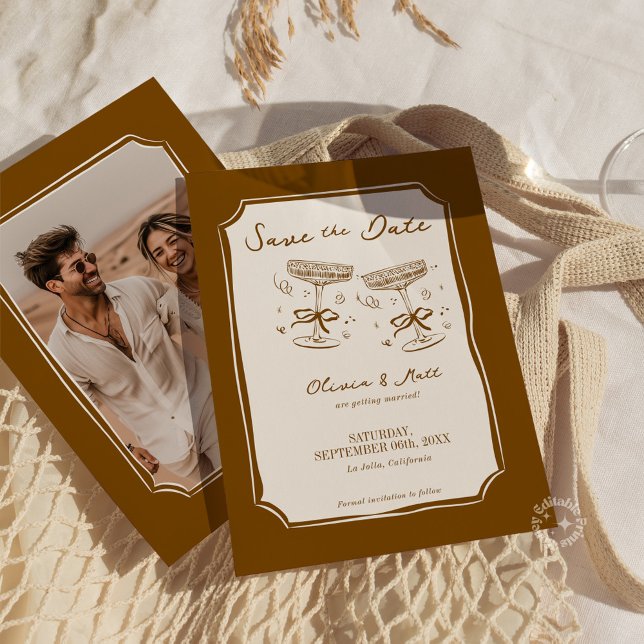 Convites Salvar Data Caprichoso Champanhe com Foto Boho (Whimsical Save The Date Champagne with Photo Boho Invitation)