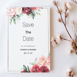 Convites Salvar data em rosa menta burgundy com floral em a