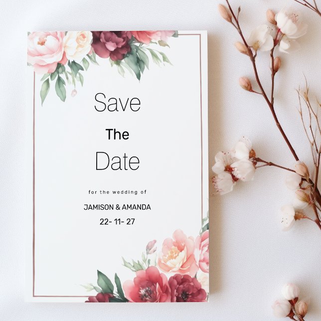 Convites Salvar data em rosa menta burgundy com floral em a (Mint pink burgundy watercolor floral Save The Date )