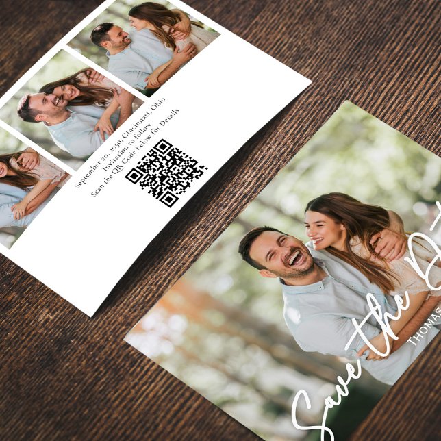 Convites Salvar o Script de Caligrafia de Foto de Casamento (Wedding save-the-date photo card with a four-photo collage template. )