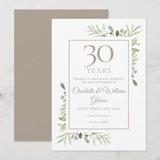 Convites Salve a Data 30º Aniversário de Casamento Folhagem (Frente/Verso)