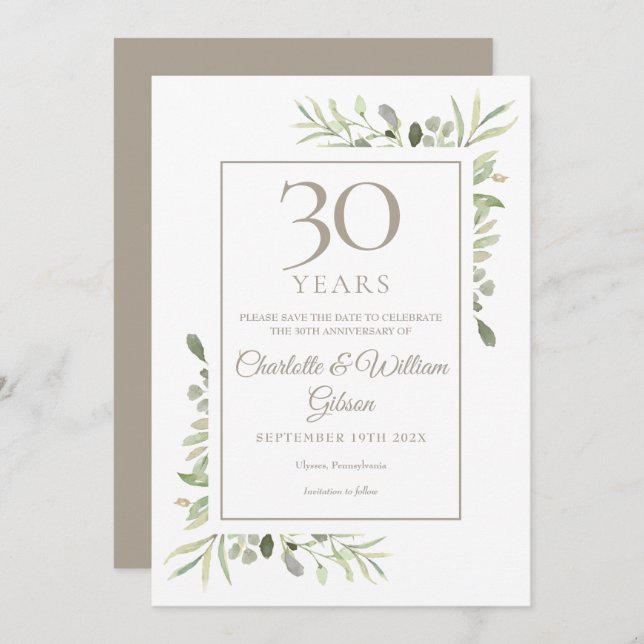 Convites Salve a data 30 de casamento Greenery (Frente/Verso)