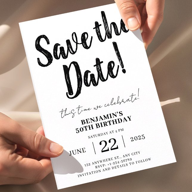 Convites Salve a Data 50º Aniversário  (50th Birthday Save the Date, Minimal Black and White Invitation, Modern Birthday Invite, Editable Bi)
