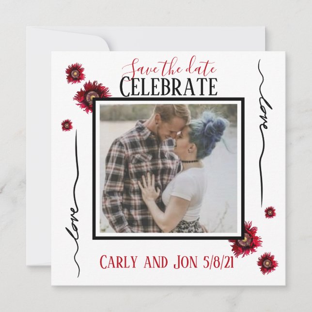 Convites Salve a data Amor e flores vermelhas (Frente)