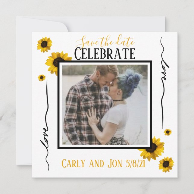 Convites Salve a data Amor e girassóis dourados (Frente)