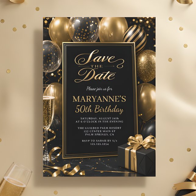 Convites Salve a Data Aniversário de 50 anos Black Gold (Criador carregado)