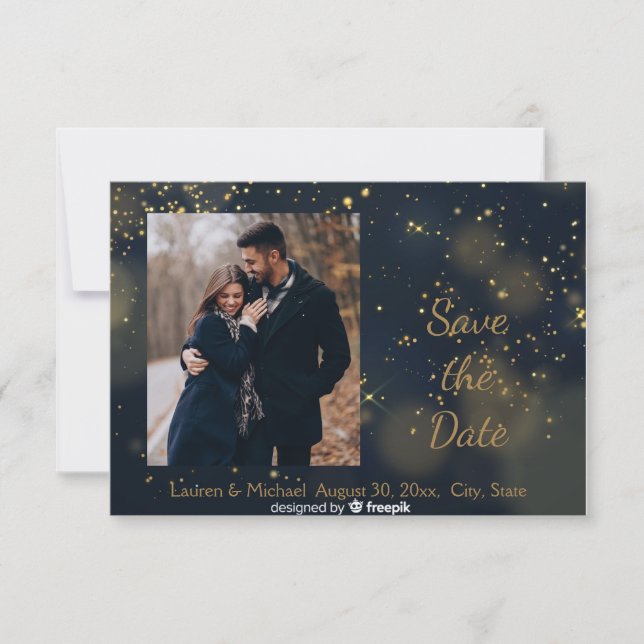Convites Salve a Data Azul Dourado Estrelas Noite Casamento (Frente)