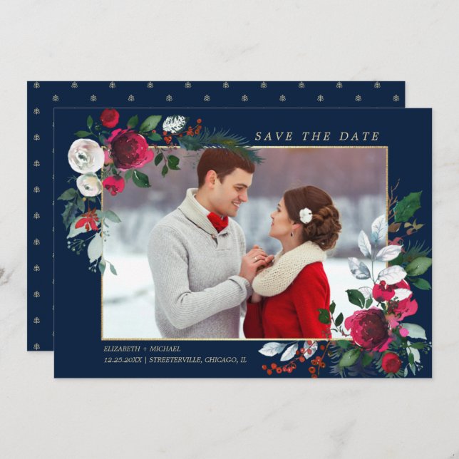 Convites Salve a data. Azul Marinho | Foto De Casamento Bur (Frente/Verso)