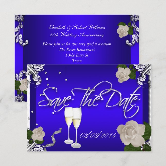Convites Salve A Data Azul Royal Aniversário De Casamento (Frente/Verso)