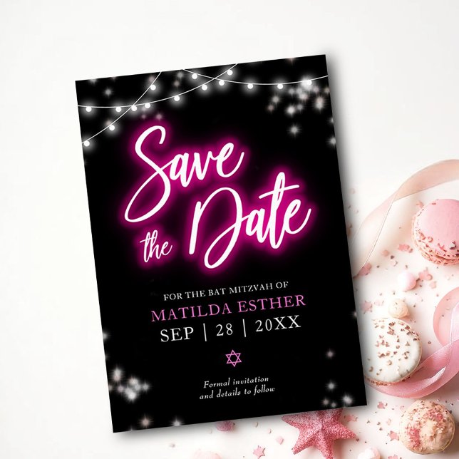 Convites Salve a Data Bat Mitzvah Tema Neon Rosa Vibrante (Criador carregado)