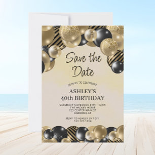 Convites Salve a data Black Dourado Balloons aniversário de