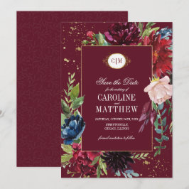 Convites Salve a data. Borgonha | Casamento Floral Azul Mar