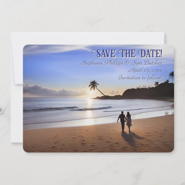 Convites Salve a Data Casal Romântico na Praia (Frente)