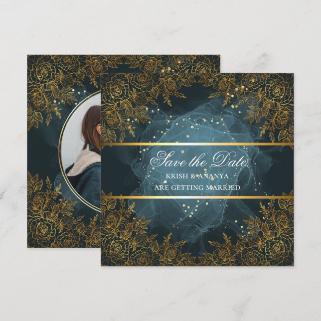 Convites Salve a data, Casamento Azul e preto Elegante (Frente/Verso)