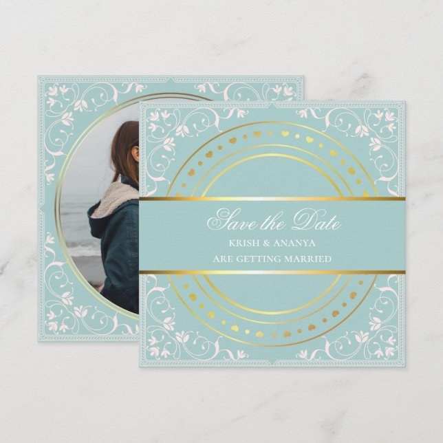 Convites Salve a data, Casamento Pastel Verde e Dourado (Frente/Verso)