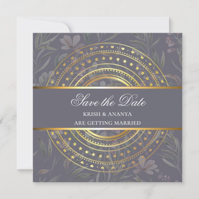 Convites Salve a data, Casamento Roxo e Dourado de Primaver (Frente)