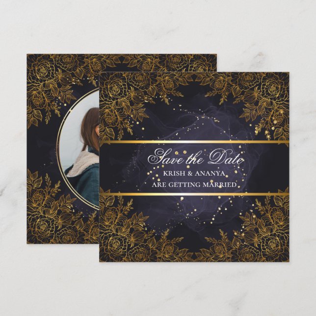 Convites Salve a data, Casamento roxo e preto elegante (Frente/Verso)